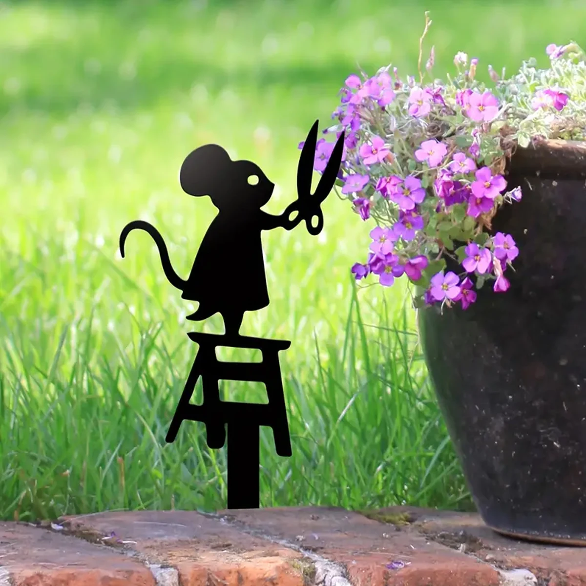 1 Stück Silhouette Metall-Gartenpfosten mit Schere, Maus-Design, Art-Deco-Rasenzeichen, kreative Tierskulptur-Dekorationen