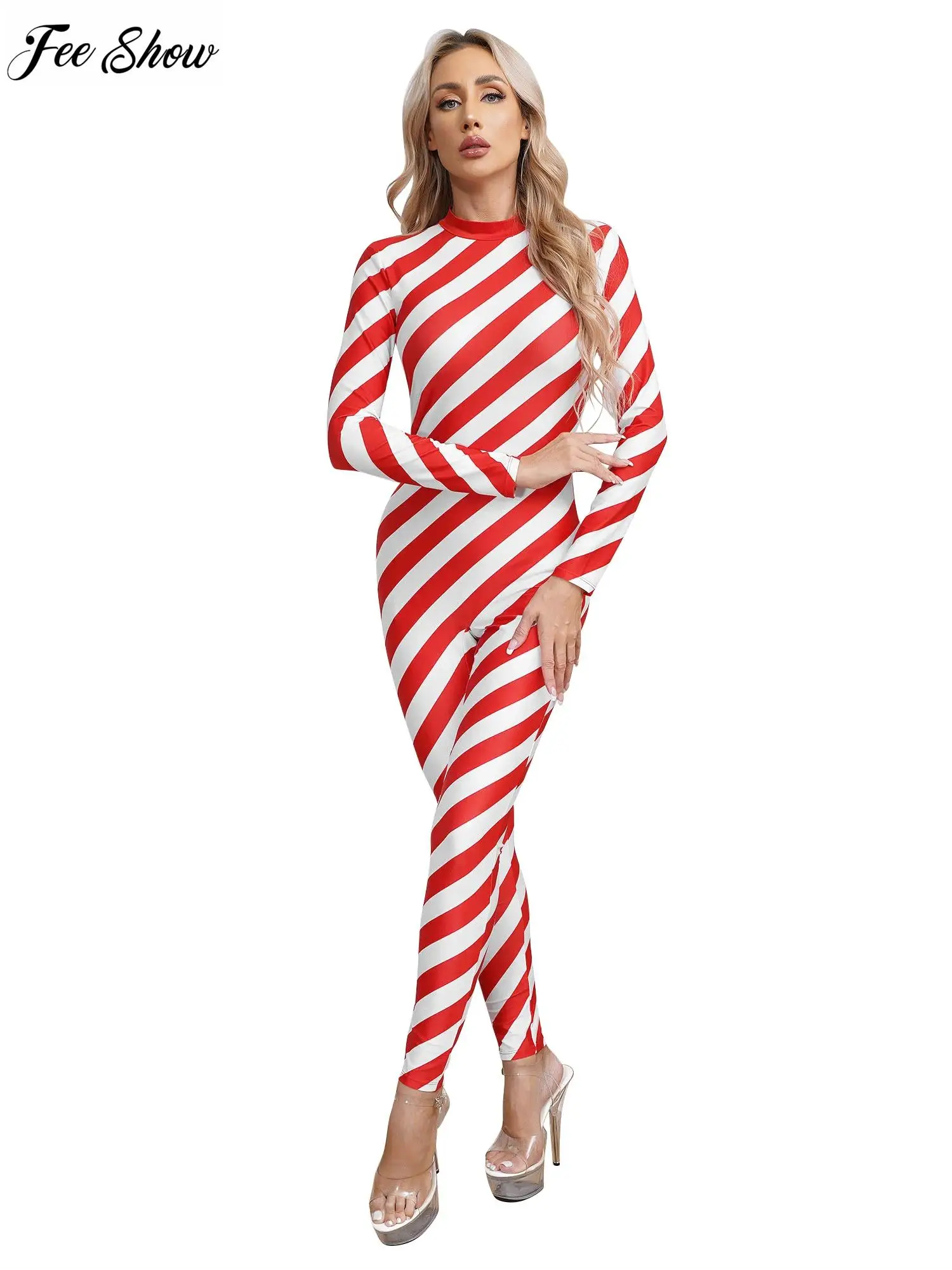 

Womens Christmas Candy Cane Bodysuit Costume Mock Neck Long Sleeve Back Zipper Contrast Unitard Jumpsuit for Xmas Cosplay Party