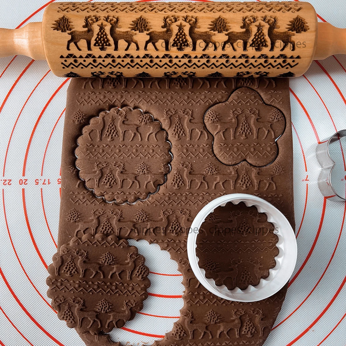 Christmas Rolling Pin with Reindeer Flower Patterns Wooden Embossed 3D Cookie Mold Laser Engraved DIY Baking Tools Dough Roller