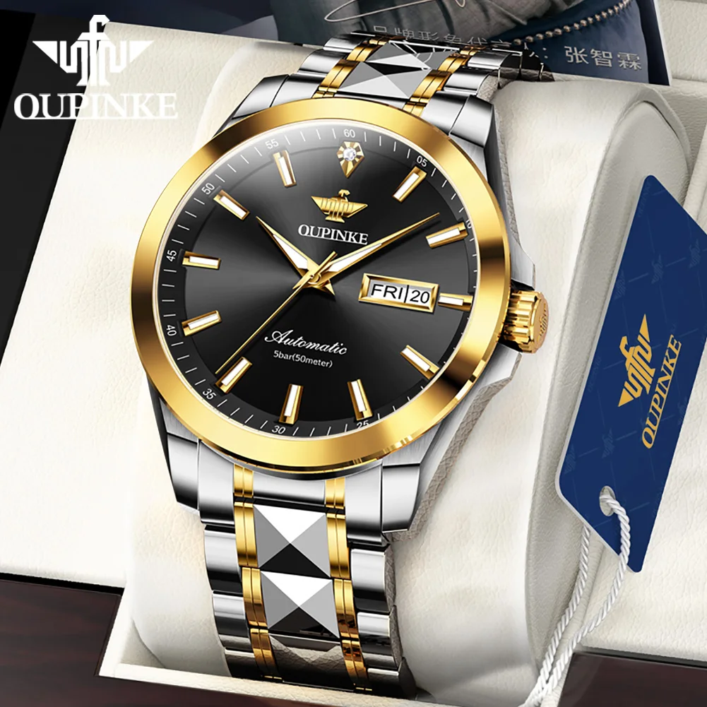 

OUPINKE Luxury Business Mechanical Watch for Men Tungsten Steel Strap Men's Wristwatch Lmorted Swiss Movement Man Relojes hombre