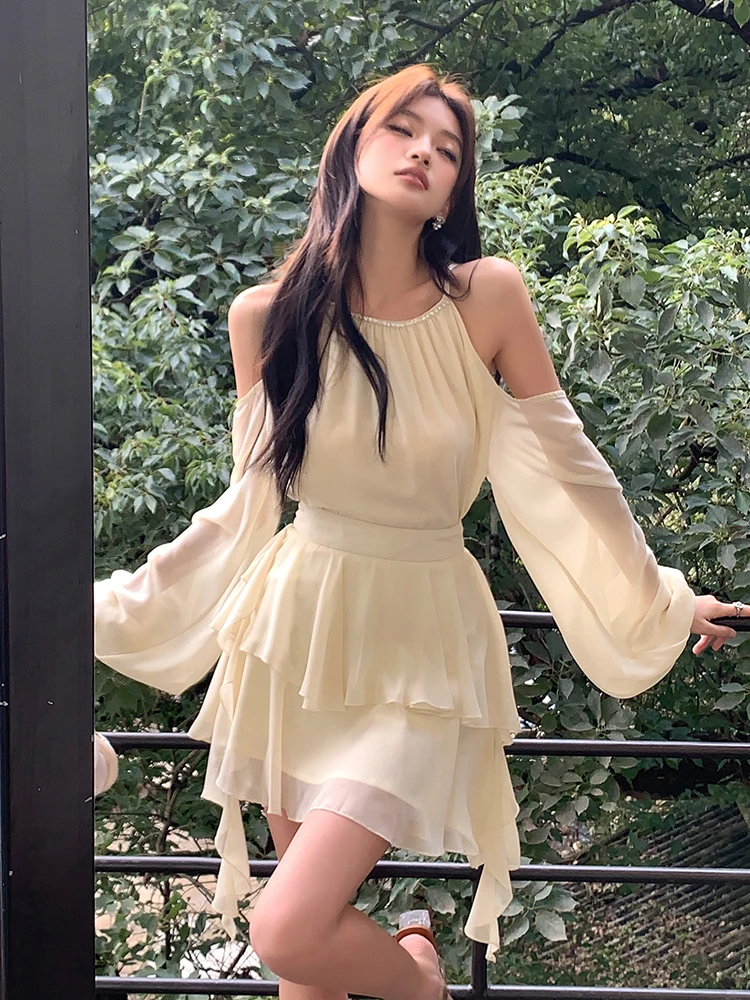 BETHQUENOY Cold Shoulder Long Sleeve Top And Tiered Ruffled Mini Dress Robe  Eter Casual Dress Women Spring Summer Clothes 2023 - AliExpress