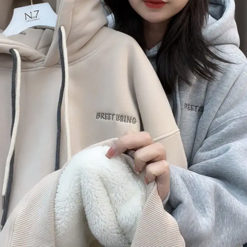 

Retro Letter Embroidered Hooded Sweatshirts Women Warm Thickening Streetwear Korean Women Baggy Sweatshirts Hoodie Shirt Y2k 후드티