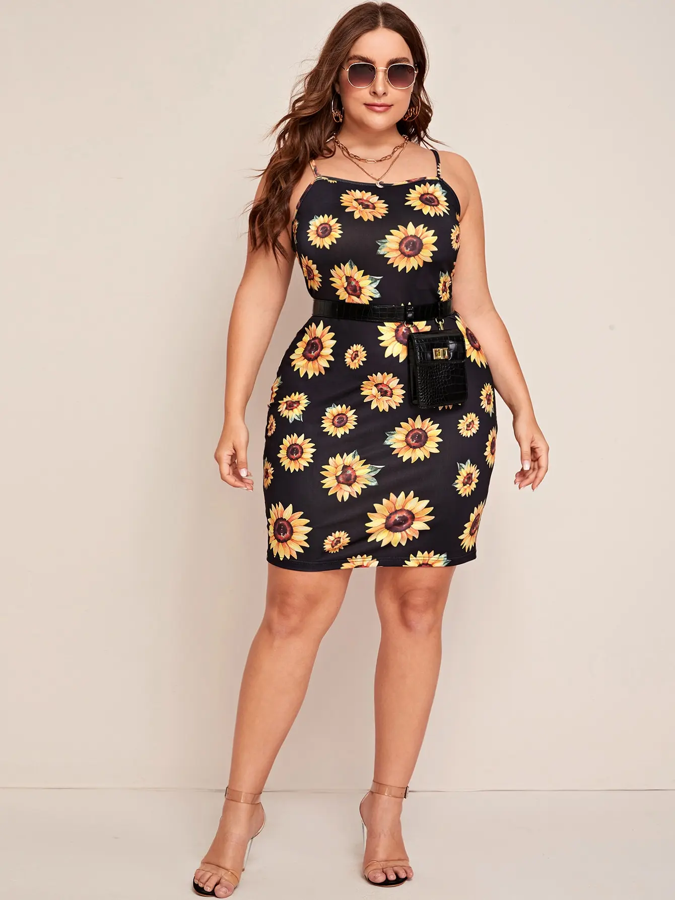 

Finjani Sunflower Print Cami Night Dress Plus Size Summer New Spaghetti Straps Mini Dresses For Women's