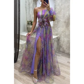 Women's Summer Fashion Casual Dress Slant Neck Off Shoulder Long Sleeve Mesh Dress Flower Waist Split Dress Holiday Party 1