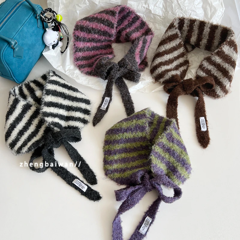 Ins Personality Contrasting Stripes Knitted Straps Earmuffs for Women Autumn and Winter Travel Versatile Warm Casual Hairdband