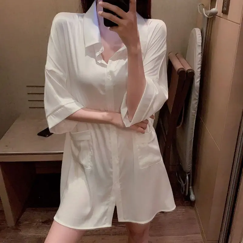 Nightdress Women Spring Summer Ice Silk Sexy Thin Sleepshirts White Shirt Internet Red Mid-length Artificial Silk Pajamas