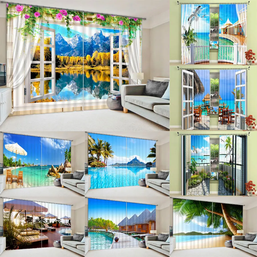 

Curtains for Bedroom Block Sunlight Living Room Window Curtain Blackout Seaside Scenic High Shading Outdoor Decoration Home 3D