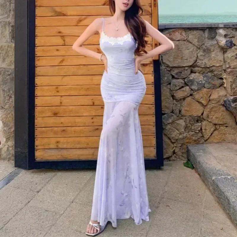 New Mesh Gradient Floral Fish Dress Women Elegant Patchwork Spaghetti Strap Midi Dress Sexy See Through Beach Vacation Vestidos