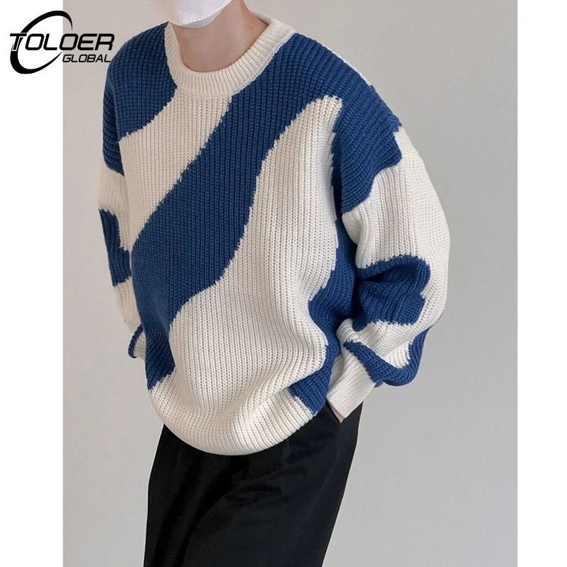 

Men Harajuku Oversized Sweater Autumn Loose Patchwork Knit Pullover Casual Streetwear O-Neck Knitwear Couples Cozy Long Sleeve