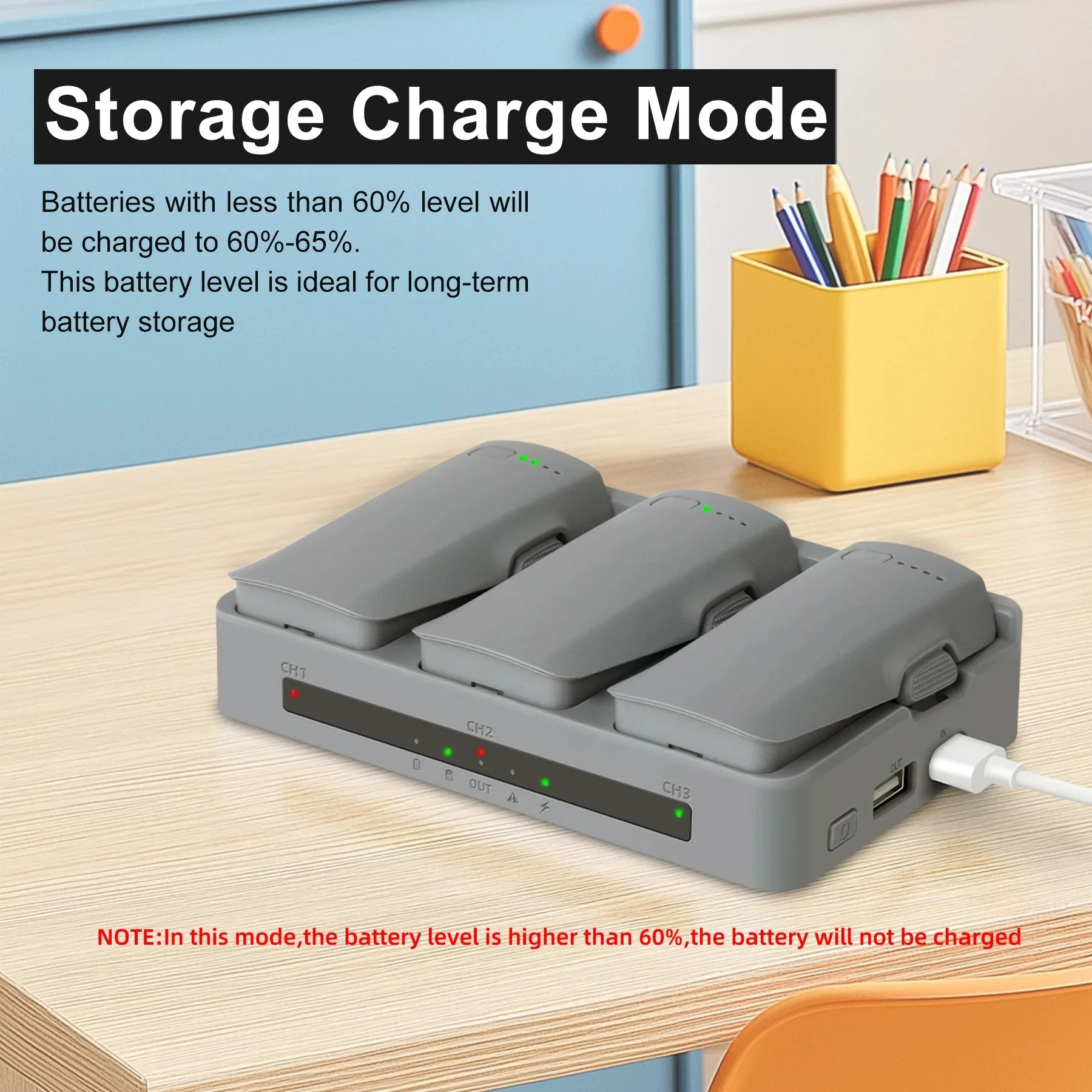 Détail des indicateurs LED du chargeur rapide 65W 3 canaux pour batterie DJI Neo 2 - Hub intelligent