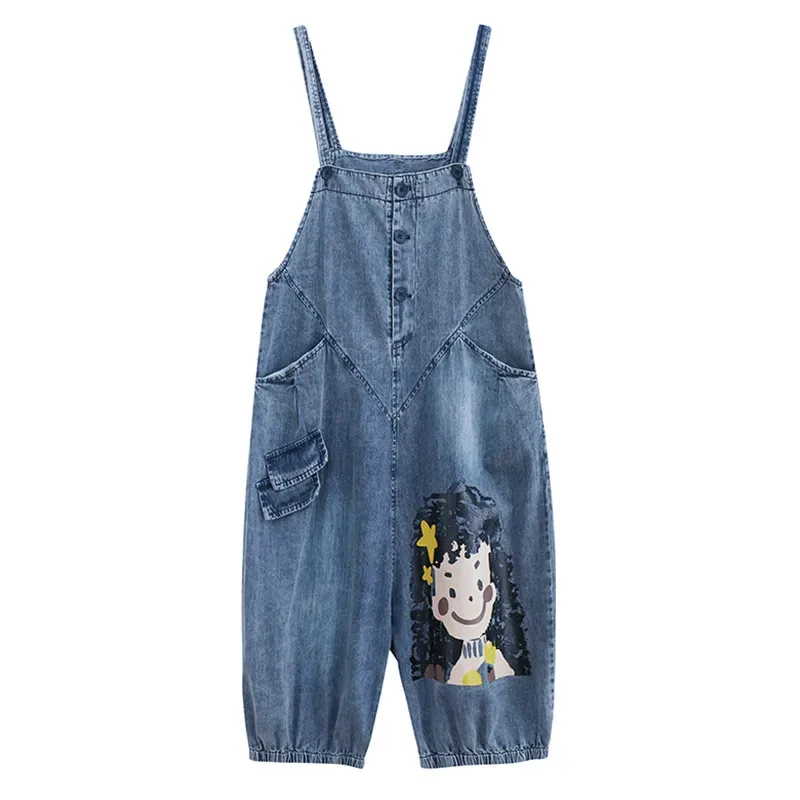 

Summer Printed Cowboy Bib Women 2023 New Fashion Loose Jumpsuit Seven-Point Wide-Leg Jeans Suspenders Overalls Trousers Female