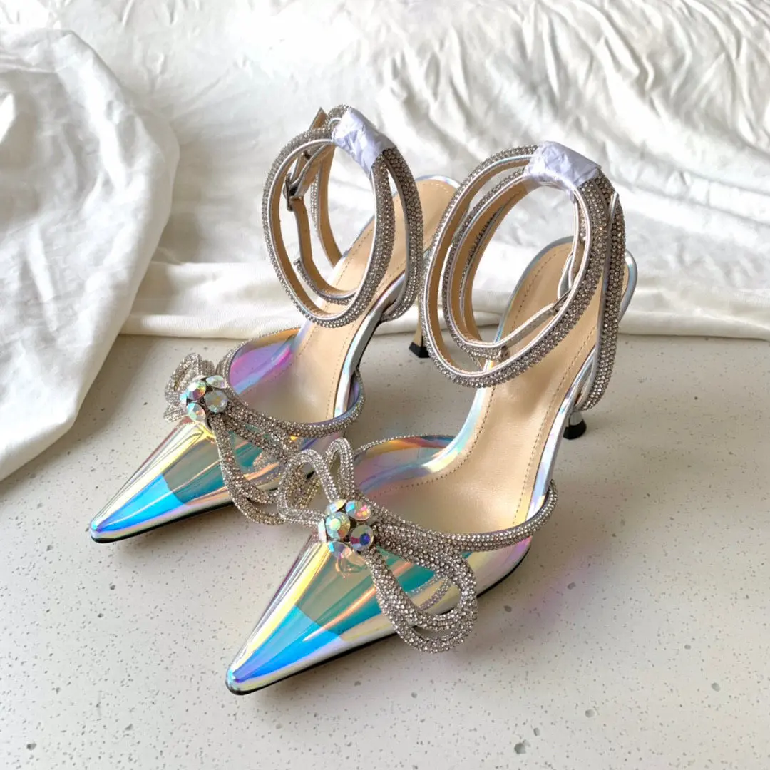 

Casual Designer Women Shoes Genuine Leather PVC Clear Crystal Strass Pointy Toe Slingback Chunky Sandals Sandalias Zapatos Mujer