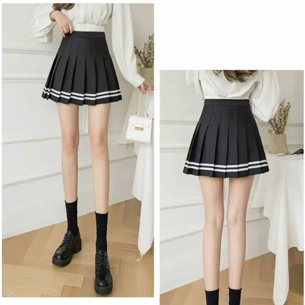Polyester High Waist Mini Skirt for Women Black Pleated
