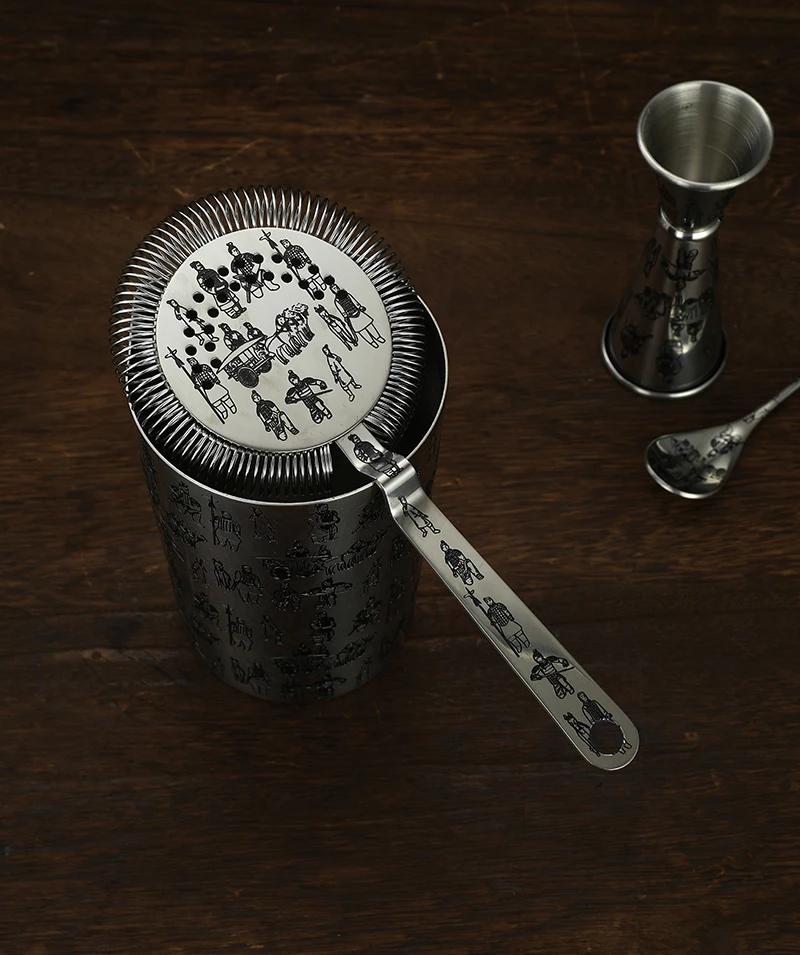 Tattoo Stainless Steel 5 Piece Cocktail Set Tin-on-Tin Shaker, Jigger, Spoon and Strainer Etched W/ Skull Rose /Terracotta Army