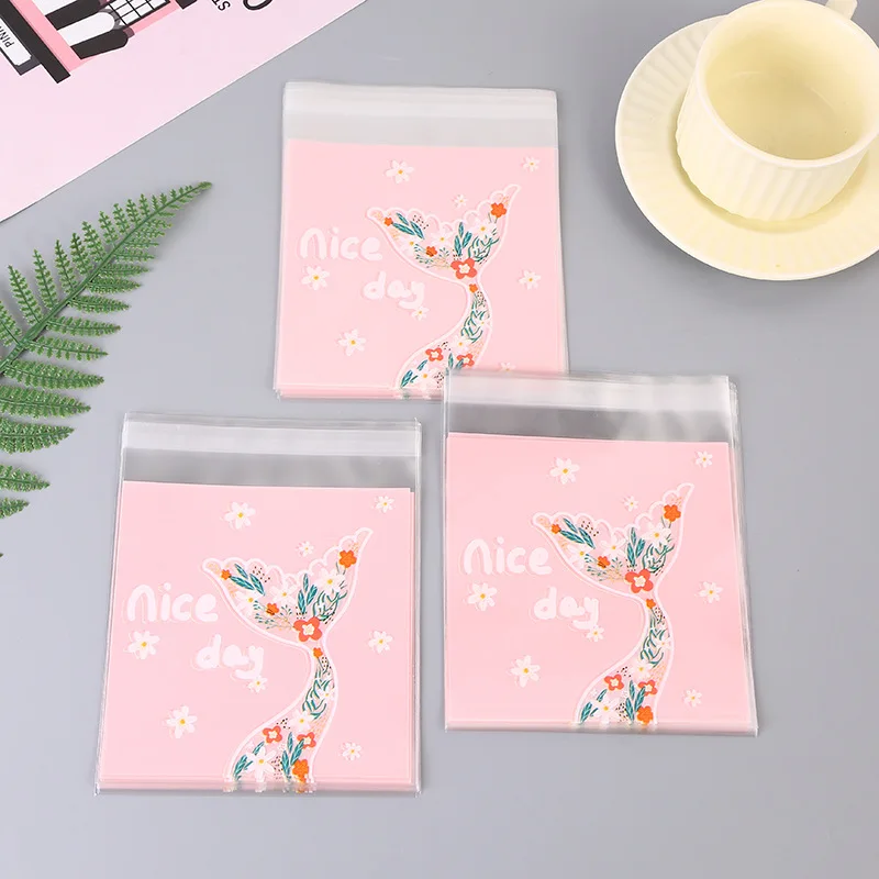 50pcs OPP Self-Sealing Bags Pink Mermaid Tail Print Self-Adhesive Bags for Diy Jewelry Display Handmade Baking Cookies Packaging