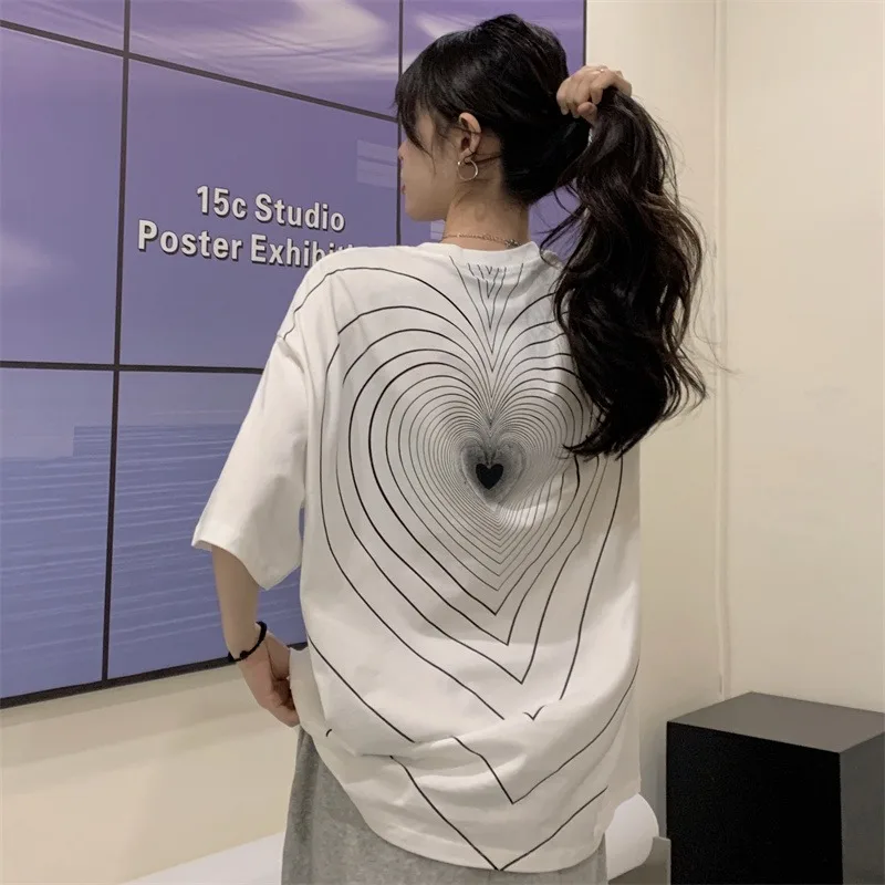 

Женская свободная футболка с принтом в виде сердца в Корейском стиле Harajuku, женские футболки, топы в японском стиле Kawaii Ulzzang, одежда для женщин