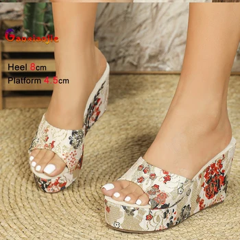 Women's Platform Vintage Floral Print Peep Toe Slippers Fashion Wedge Women's Summer Shoes 8 CM Thick Sole Wear Women's Shoes 1