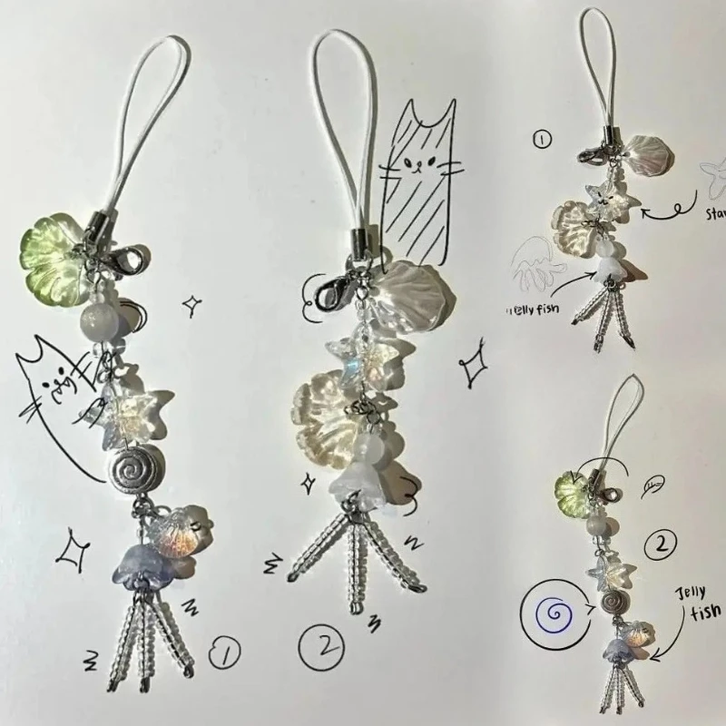 1PC Summer Ocean Style Phone Charm Strap New Woman Bag Seashell Jelly Fish Keychain Keycord Cute Girl Key Strap Lanyard