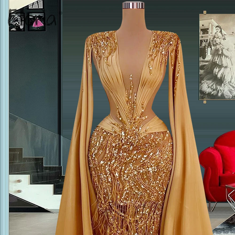 

Deep V Neck Gold Evening Dress With Long Cape Sleeve 2024 Luxury Wedding Party Gowns Engagement Dress Robe Soirée Female Arabic