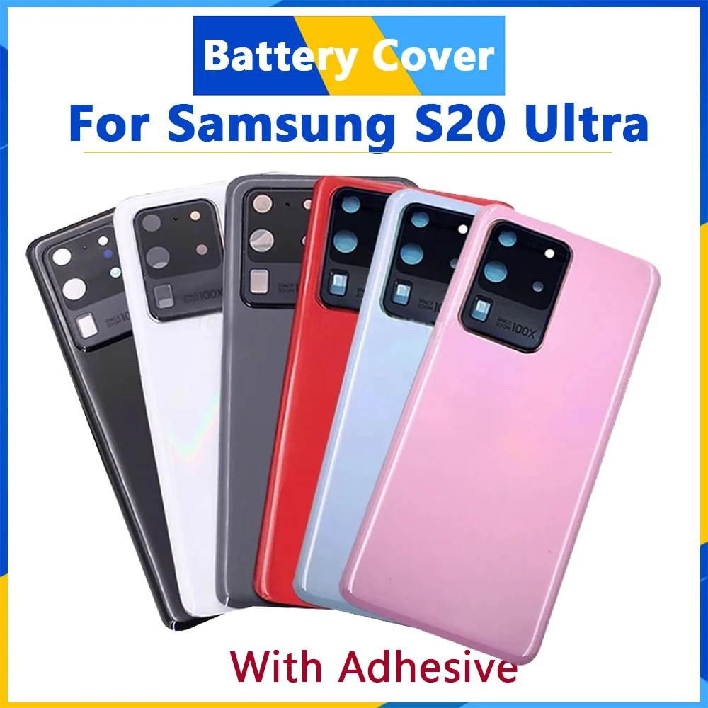 Задняя крышка батарейного отсека для Samsung Galaxy S20 Ultra S20U G988F G988DS, стеклянная панель заднего отсека, корпус, клейкий, с объективом камеры