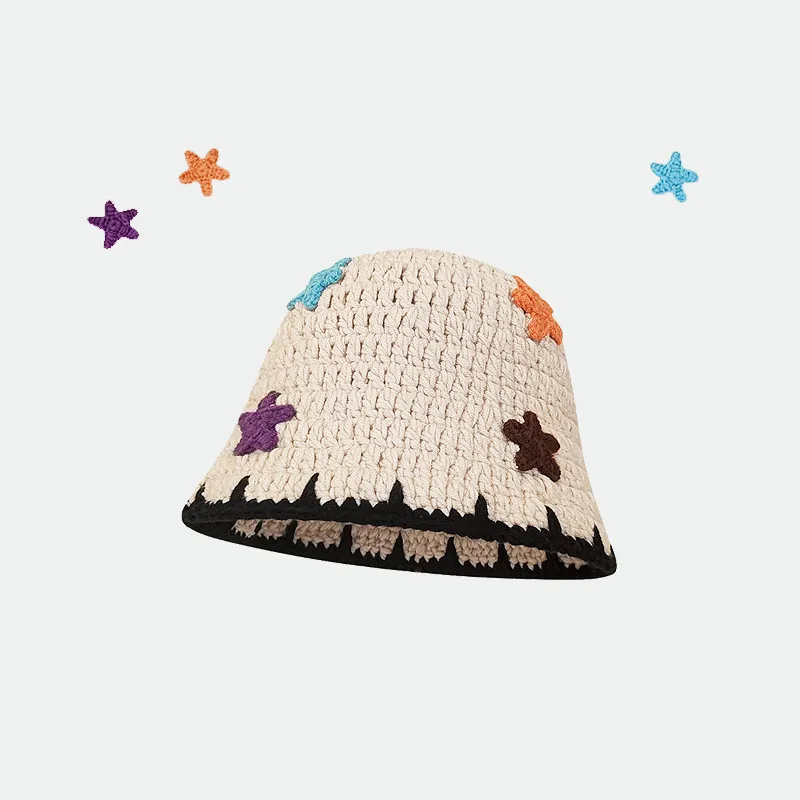 

Japanese handmade crochet colorful striped fisherman hat women spring autumn retro versatile dome fashion short brim bucket cap