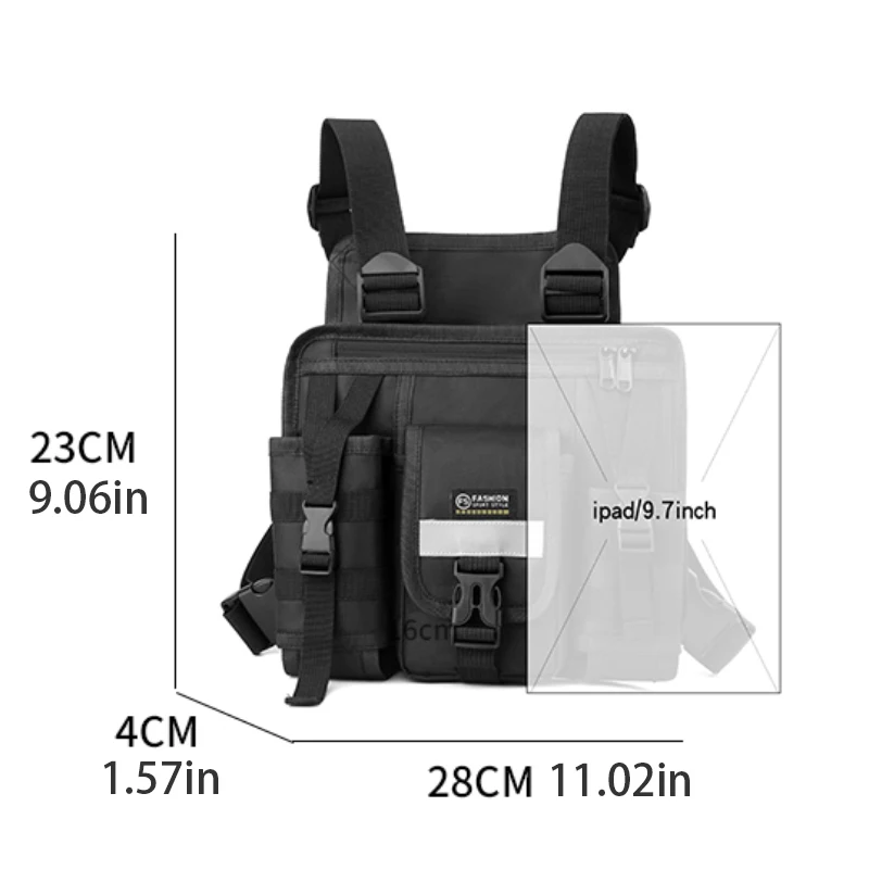 Men's and women's black vest bags, multiple pockets, adjustable straps and buttons, tactical chest bag, suitable for outdoor spo