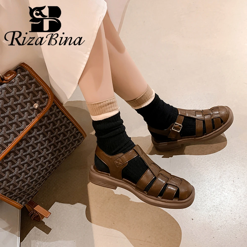 

RIZABINA Vintage Sandals For Women Real Leather Round Toe Buckle Strap Slingback Flats Shoes Causal Outdoor Summer Ladies Shoes