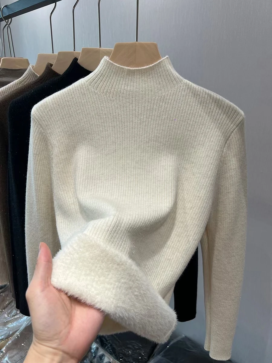 Turtleneck Winter Sweater Women Elegant Thicken Velvet Lined Warm Sueter Knitted Pullover Slim Tops Jersey Knitwear Jumper New 2