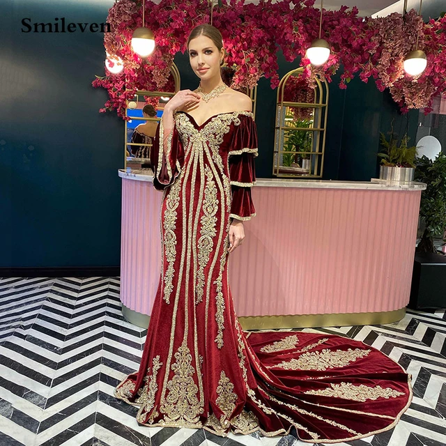 Smileven Classic Burgundy Mermaid Flare Sleeve Caftan Evening Party Dress  Gold Lace Velvet Prom Gowns Traditional Women Dresses