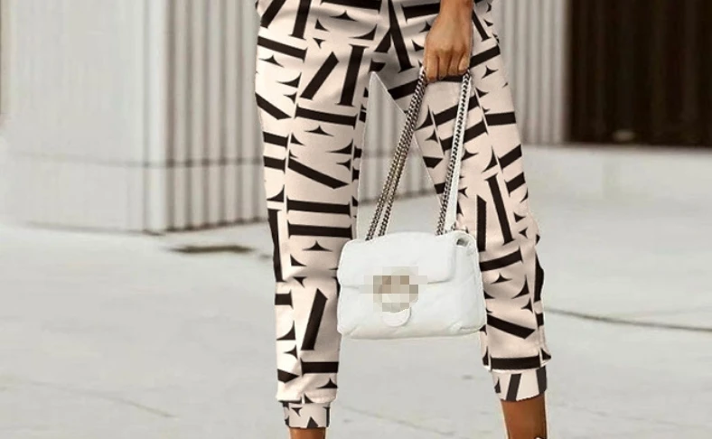 Women Fashion Print V-neck Long Sleeve Top & Pants Set Two Pieces Suits Casual Pants Outwear