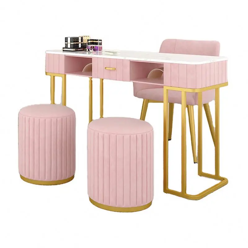 

Wholesale Fashion High Quality Nail Table set Modern Salon Furniture Pink Cheap Manicure Table Set Metal Nail Table with Stool