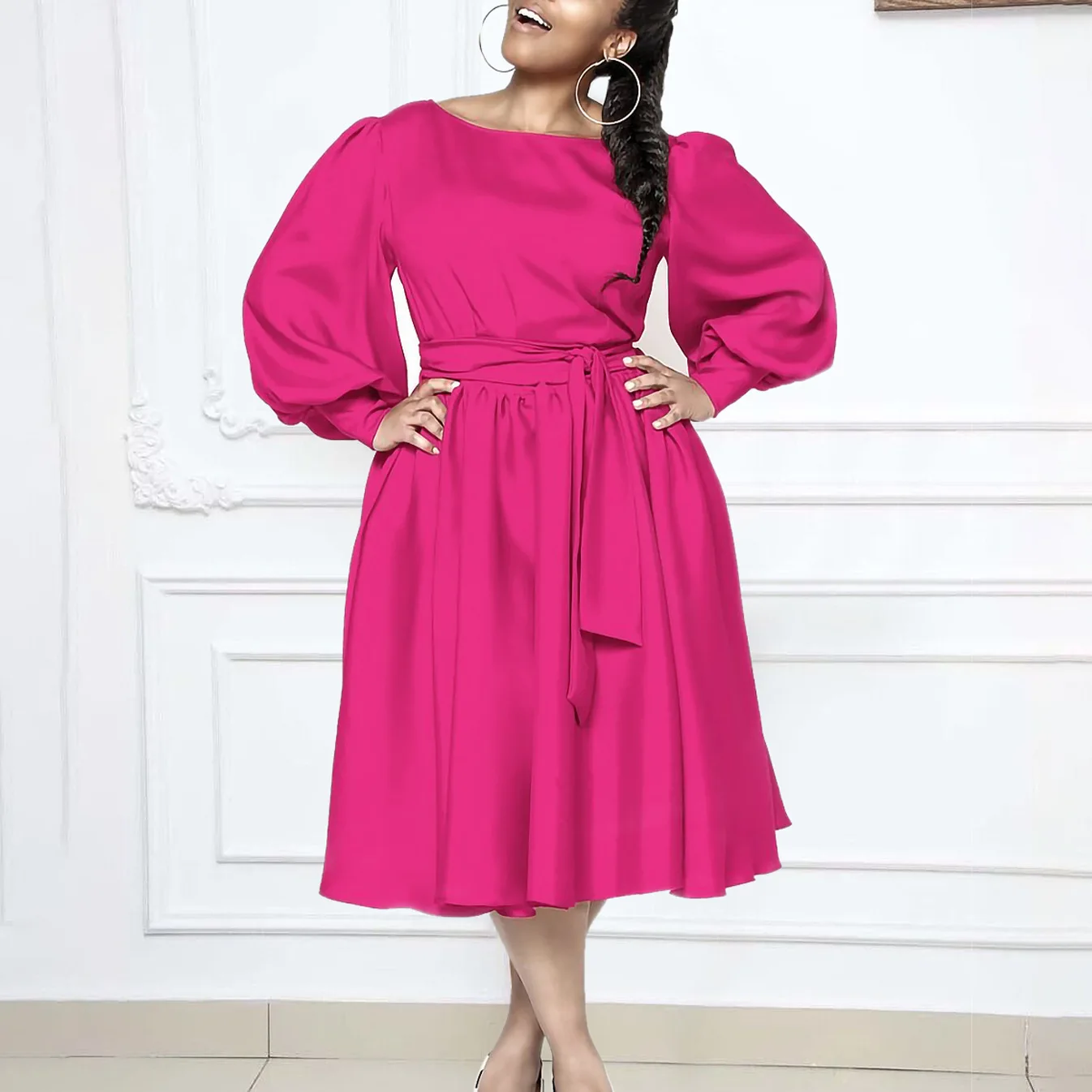 

Women's Dresses 2024 Spring New Long Sleeved Round Neck Tie Up Solid Color A-line Dress Female Casual Loose Daily Commute Dress