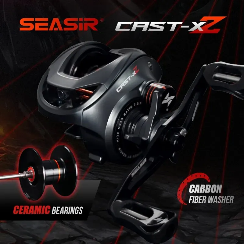 Seasir guss x2 baitcasting rolle 7.3:1 hybrid keramik lager kohle faser waschanlage n52 brems angel rolle