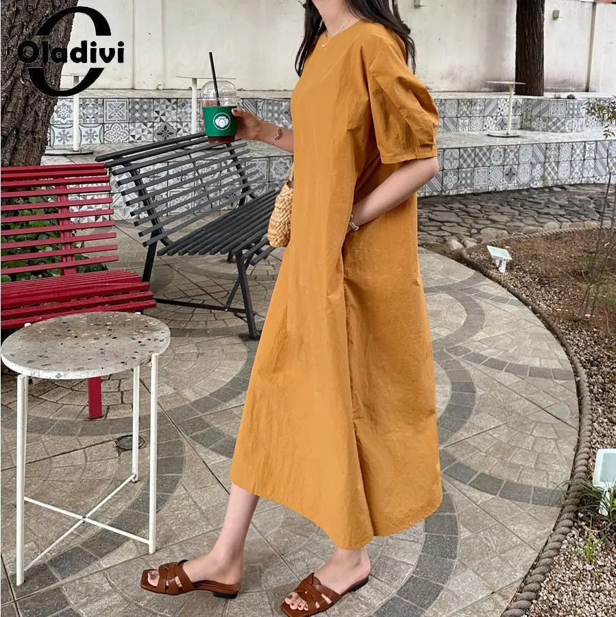 

Oladivi Large Size Women Casual Loose Solid Dress with Pockets Summer New Oversized Dresses Female Tunic Robe Vestidios 5XL 1068