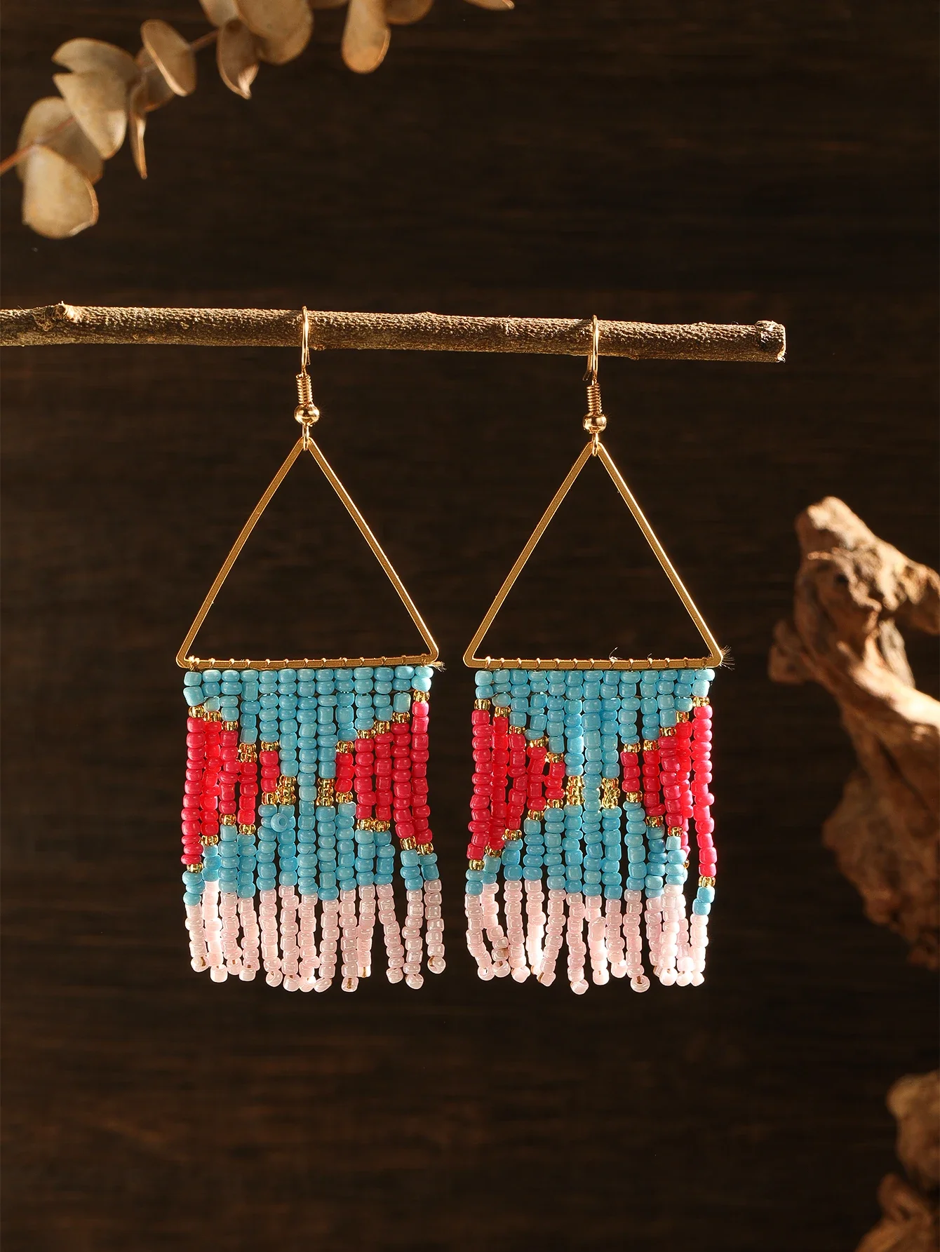 

Fringed earrings Hand woven Retro Versatile triangle Color blocking Beading Simplicity Bohemia alloy ma'am Rice bead