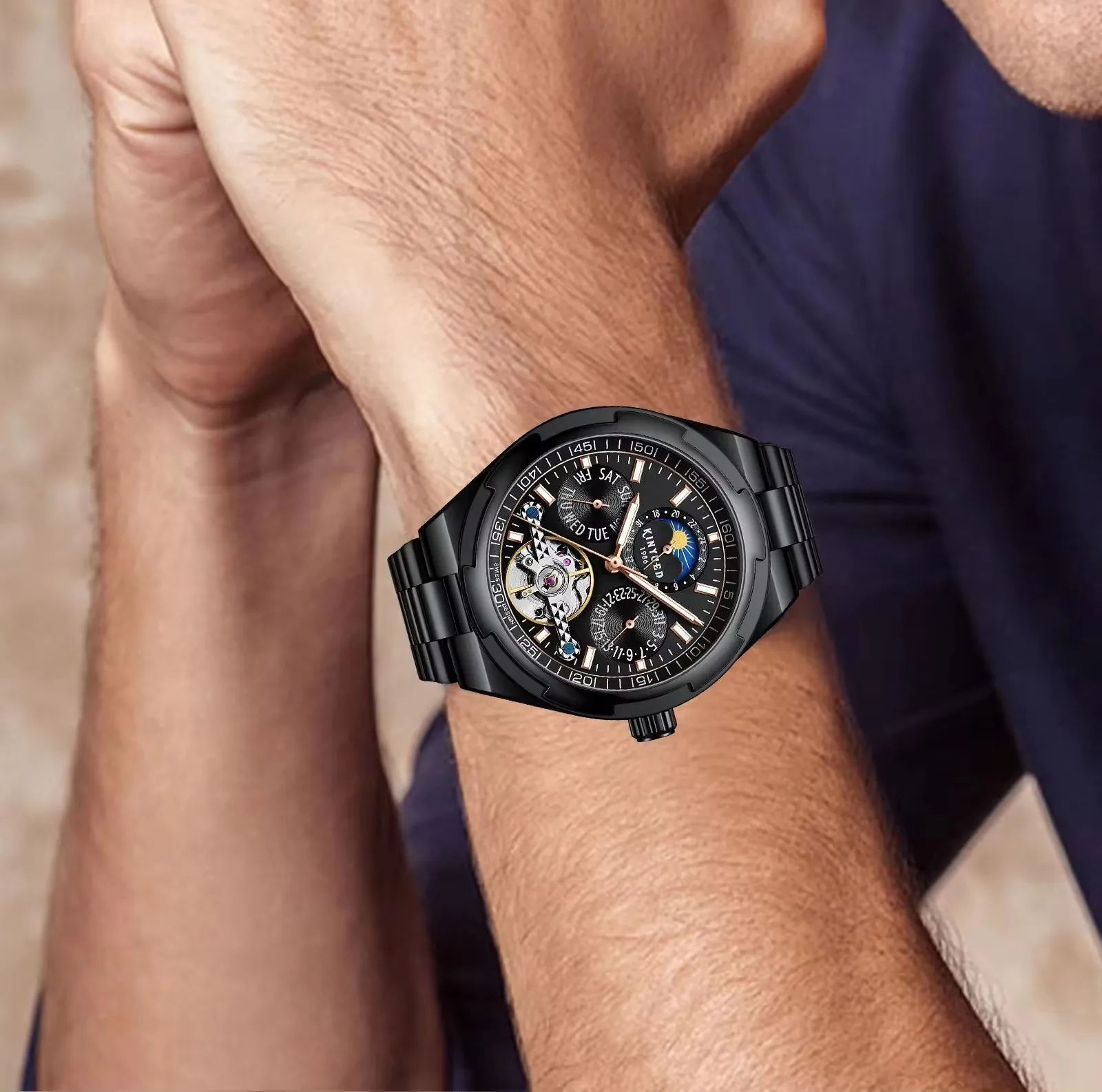 Automatic Winding Mechanical Wrist Watch Machine Men Watches For Man Free Shipping With Tourbillon Waterproof Uhr Moon Phase