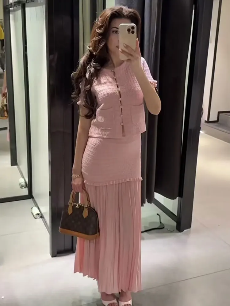 HH Women Elegant Solid Knitted Skirts Set O Neck Single Breasted Short Sleeve T-Shirt Tops Patchwork Skirt Office Lady Suits