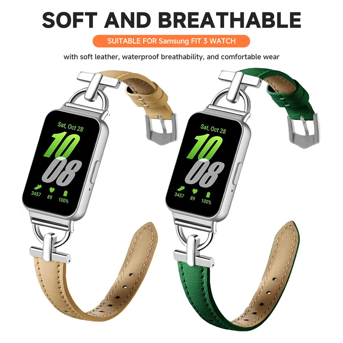 Premium Metal and Leather Strap for Galaxy Fit 3 - Stylish Smart Watch Wristband Accessory