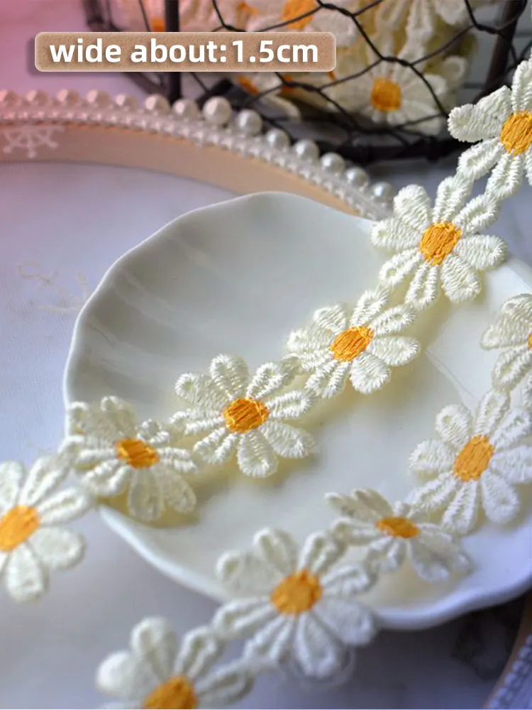 1.5cm Wide Gold Daisy Embroidery Lace Trim for Sewing Bows Wedding Dress Women Collar Fringe Patches Ribbon Accessories Supplies lace ribbon lace sewing accessories lace sewing supplies lace accessories lace garment accessories clothing craft accessories tassel trim lace