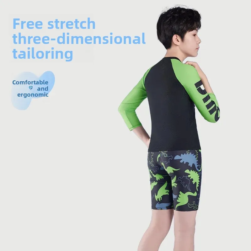 ملابس سباحة للأطفال بأكمام طويلة، ملابس سباحة قصيرة مكونة من قطعتين سريعة الجفاف للأولاد والمراهقين، أطقم سباحة للأطفال المتوسطة والكبيرة
