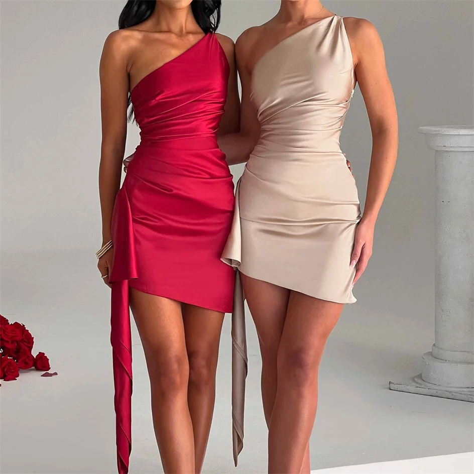 

Sexy One Shoulder Short Homecoming Dresses Sleeveless Tight-fitting Satin Cocktail Dress Evening Cocktail Party Prom Dress 2024