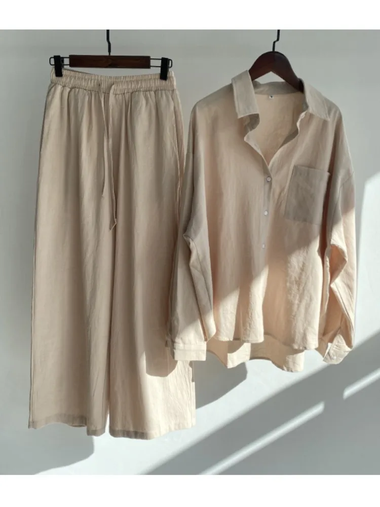 Cotton And Linen Solid Color Pant Sets Women Single-breasted Shirts And Drawstring Loose Wide Legs Trousers Two Piece Set Casual