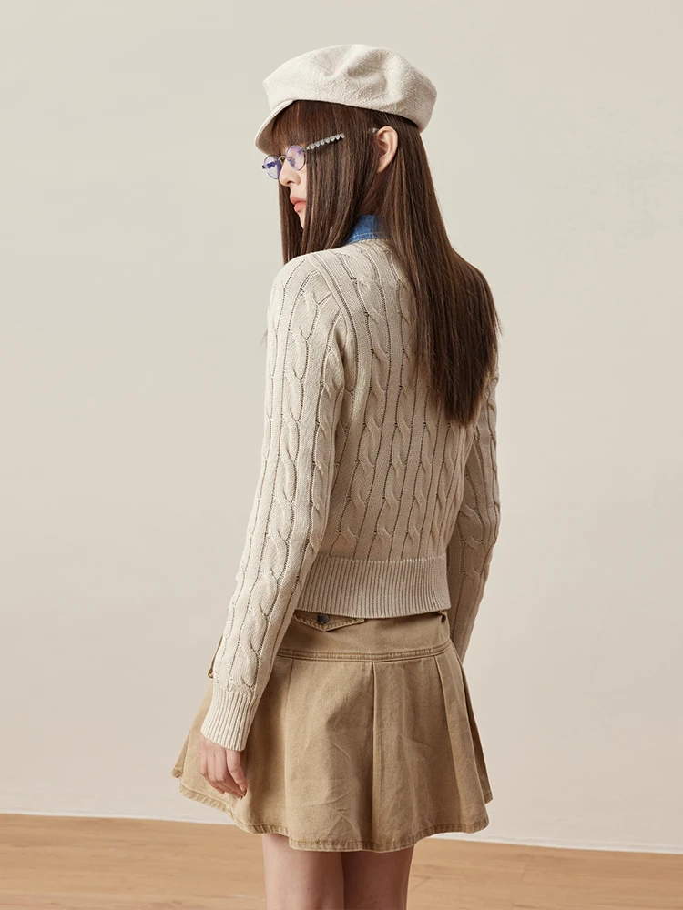 슈퍼볼 니트 스웨터 여성용 브이넥 가디건 자수 따뜻한 아우터웨어 연한 베이지 가을 겨울 캐주얼 패션