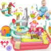 VATOS Kids Play Dishwasher Set Electric Faucet Manual Pump 2 in 1 Running Water Table Kitchen Toy Pool Fishing Game Ages 3+ Girl 1