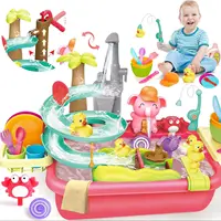VATOS Kids Play Dishwasher Set Electric Faucet Manual Pump 2 in 1 Running Water Table Kitchen Toy Pool Fishing Game Ages 3+ Girl 1