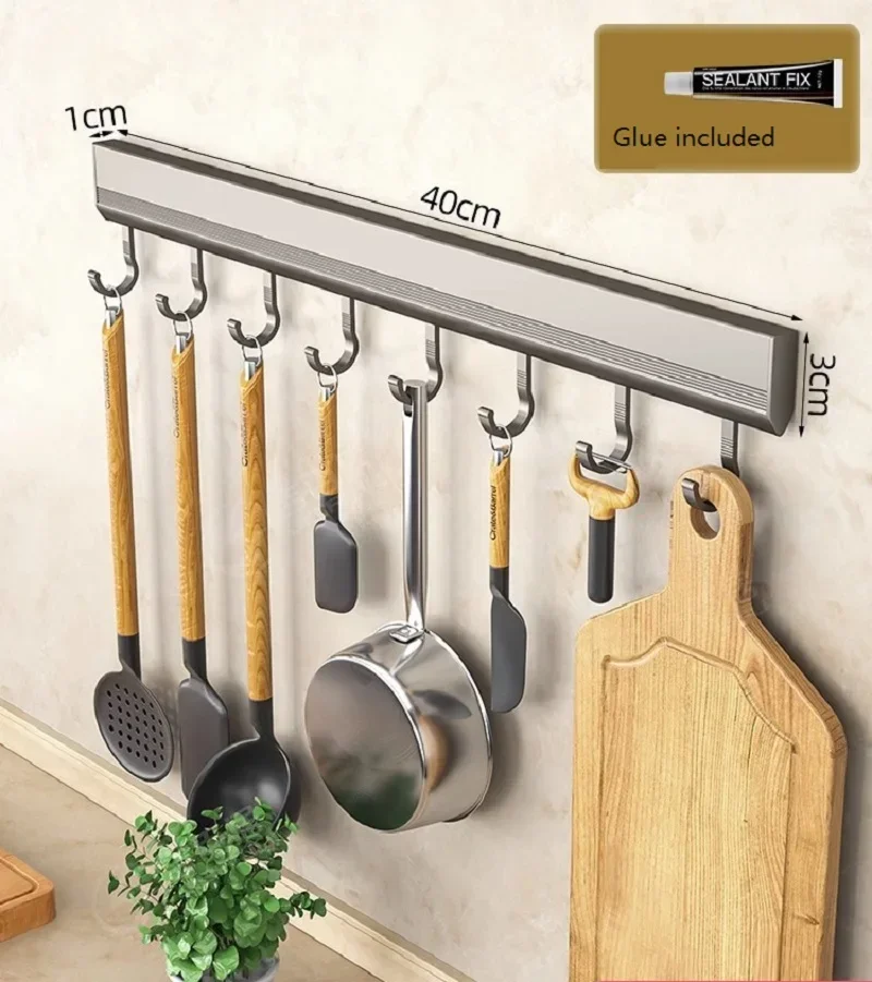 Wall Mounted Kitchen Hook Rack Heavy Duty No-Punching Wall Hangers Rail Utensils Rack Spoon Shovel Chopping Board Storage