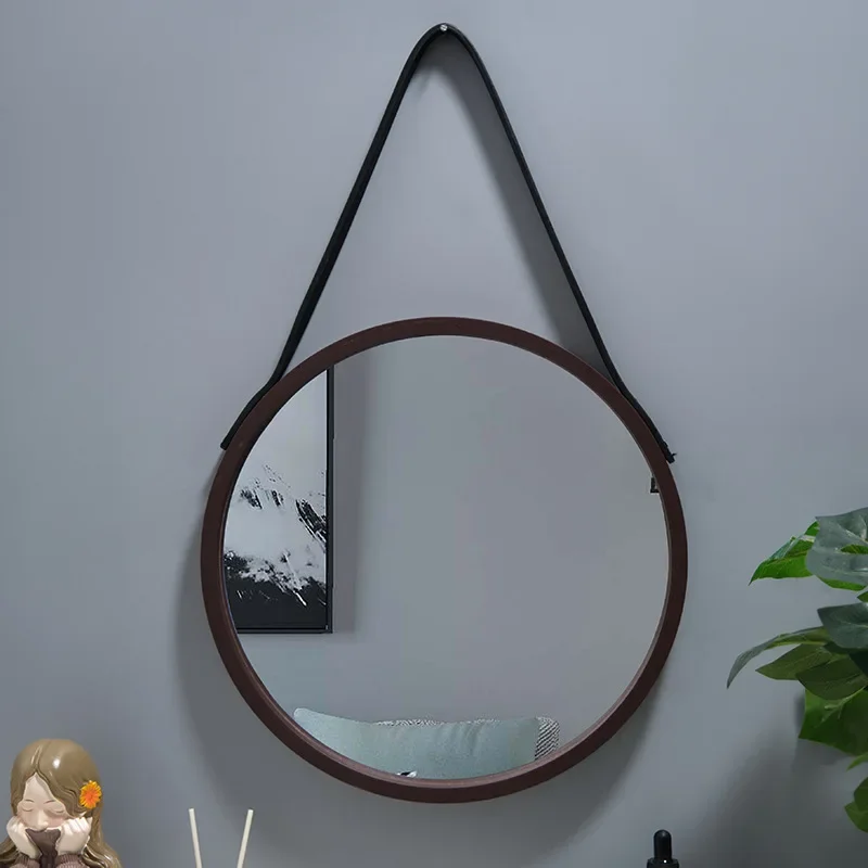Perforation-free Vanity Mirror Wall-mounted Round Thickened Wooden Border Dressing Mirrors Bathroom Mirror Makeup Mirror 3