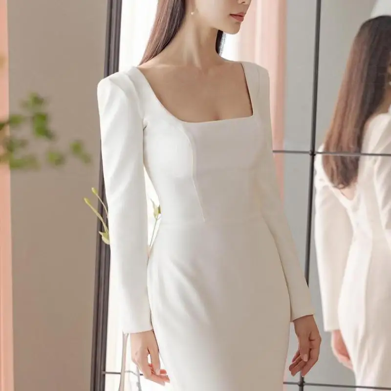 Elegant Mermaid Wedding Dresses With Long Sleeve Fashion Square Collar Simple Vestidos 2024 New Satin Bridal Dress Customized 4