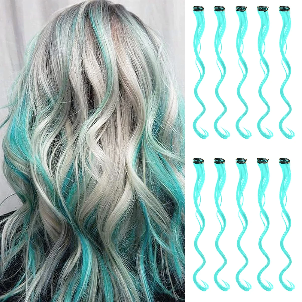 Ombre Remy Real Human Hair Extensions Aqua Blue Color Slick Clip in Highlights BLUE HIGHLIGHTS CLIP-IN HUMAN HAIR EXTENSIONS main image 3