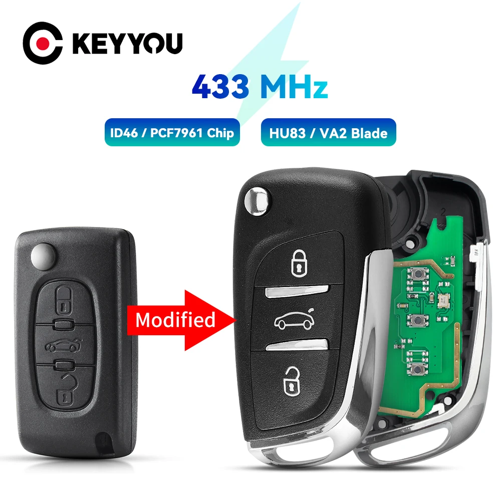 KEYYOU 2/3 Button 433MHZ Modified Filp Car Remote Key For Peugeot